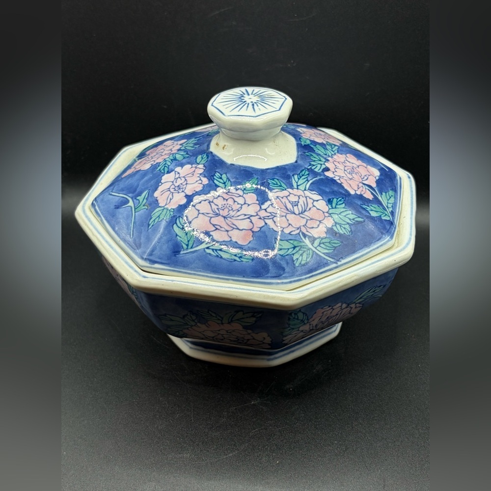 Vintage Signed Asian Porcelain Decorative Pot w/ Lid - Pink Floral Keepsake Box